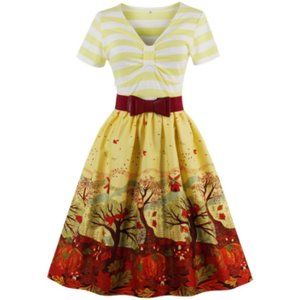 Autumn Thanksgiving Pumpkin Patch Retro Vintage 50's Swing Dress - L